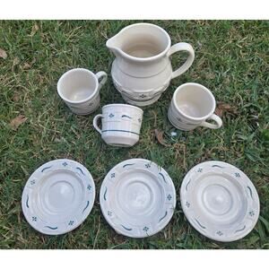 7 Piece Longaberger Pottery Green Woven Traditions Pitcher Cups Saucers